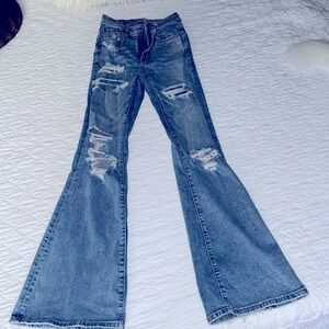 Juniors 2 long American Eagle super high rise flare jeans.